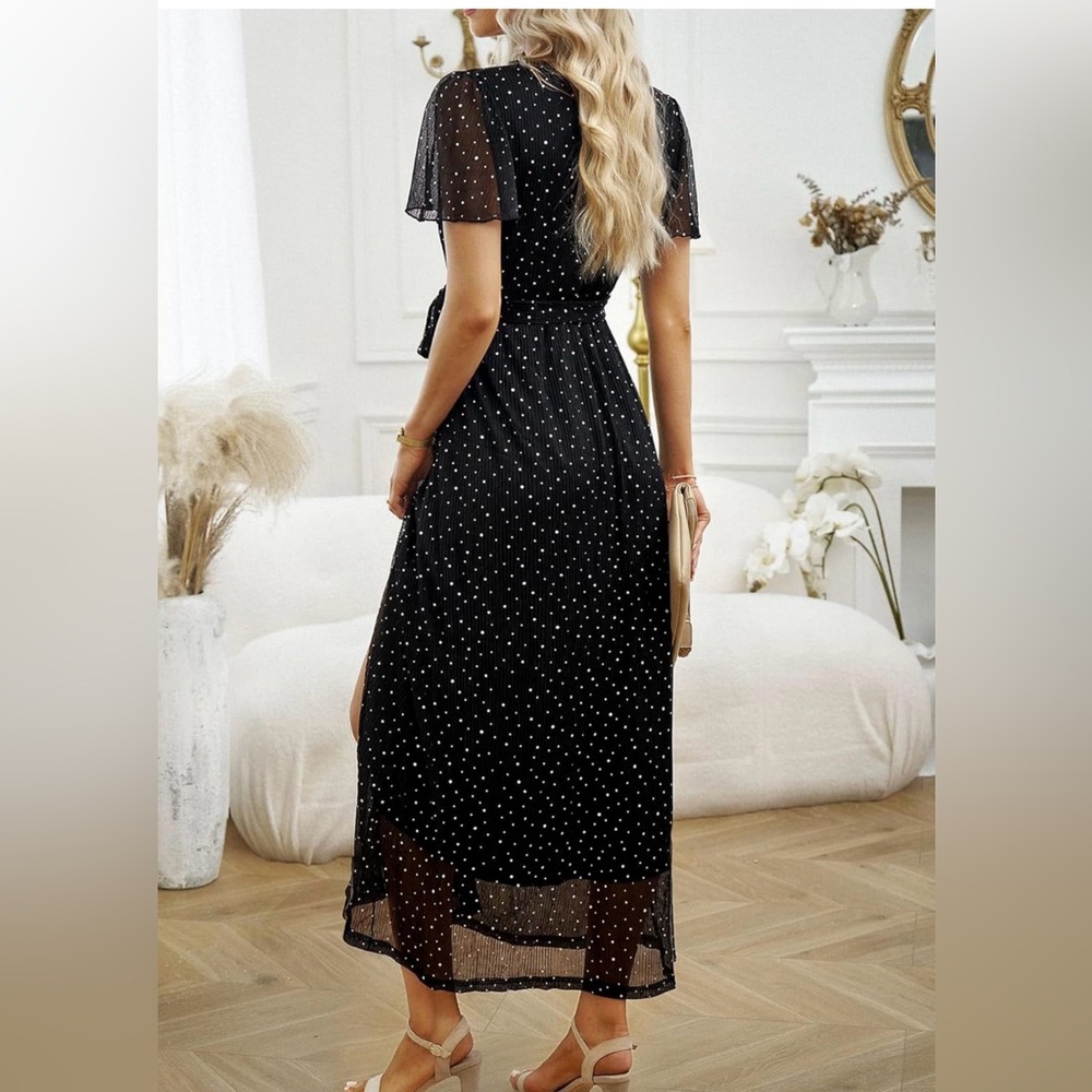 Women's Sexy V Neck Short Sleeve Maxi Sequin Gown Evening Dress with Slit Medium - Picture 4 of 9